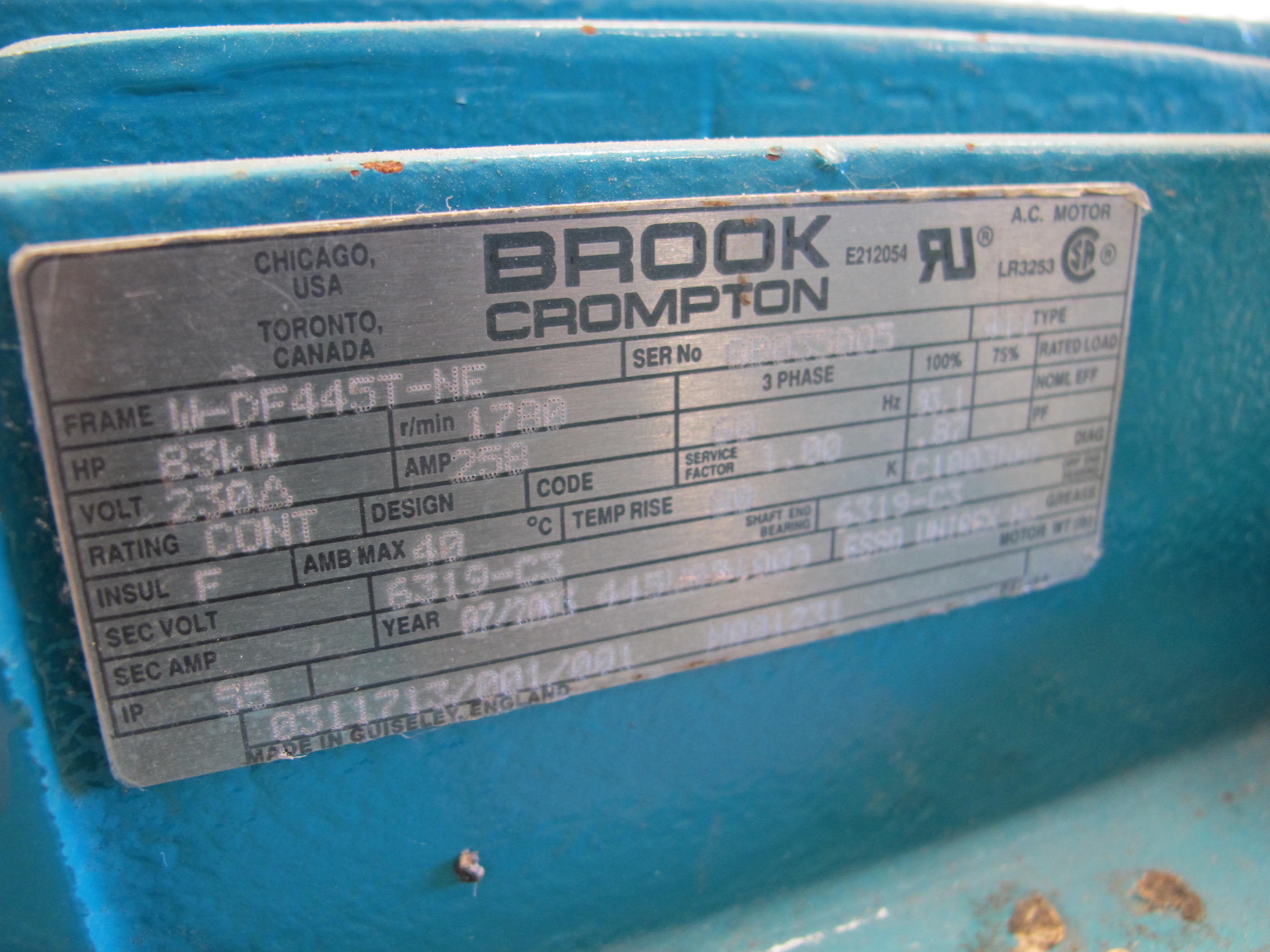 MOTOR, ELECTRIC TYPE, 83 KW HORSEPOWER, 230 VOLT ELEC RATING, 1780 RPM, 445T FRAME. 2X40W, 120V HEATERS, PART # W-DF445T-NE (W-44) LOADING & HANDLING FEE $15-